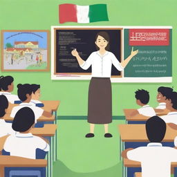 In a bright classroom, a smiling teacher stands at the front, pointing at a blackboard with the words 'Selamat Datang' written clearly in chalk