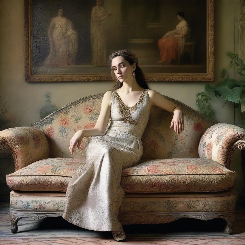 A portrait of an elegant woman in a light dress by John Galliano, posing relaxed on an old floral brocade sofa