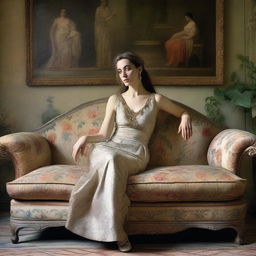 A portrait of an elegant woman in a light dress by John Galliano, posing relaxed on an old floral brocade sofa