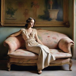 A portrait of an elegant woman in a light dress by John Galliano, posing relaxed on an old floral brocade sofa