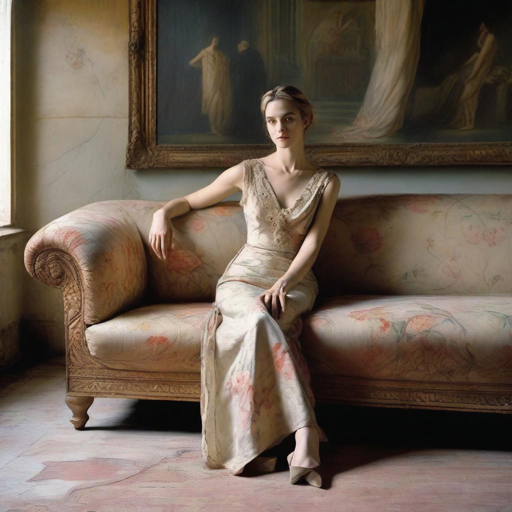 A portrait of an elegant woman in a light dress by John Galliano, posing relaxed on an old floral brocade sofa