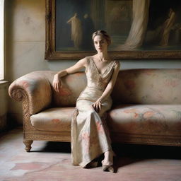 A portrait of an elegant woman in a light dress by John Galliano, posing relaxed on an old floral brocade sofa