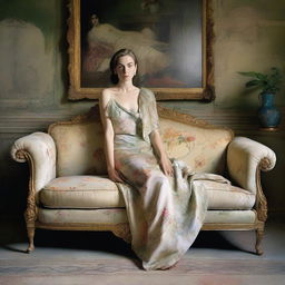 A portrait of an elegant woman in a light dress by John Galliano, posing relaxed on an old floral brocade sofa