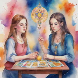 Animated watercolor painting of two girls, passionately engaged in a tarot reading session, surrounded by vibrant splashes of color and mystic symbols