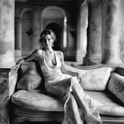 Close black and white fashion portrait of a sophisticated woman in a provocative light dress by John Galliano