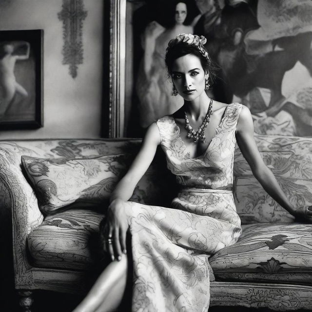 Close black and white fashion portrait of a sophisticated woman in a provocative light dress by John Galliano