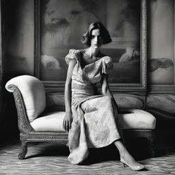 Close black and white fashion portrait of a sophisticated woman in a provocative light dress by John Galliano