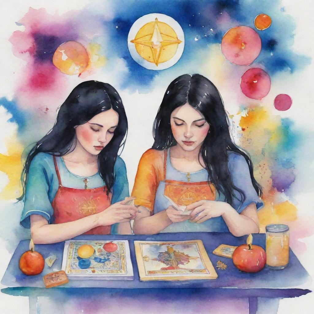 Animated watercolor painting of two girls with black hair, deeply involved in reading tarot cards, with splashes of vivid colors and mystical symbols surrounding them