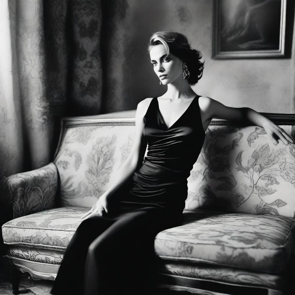 Close black and white fashion portrait of a sophisticated woman in a modern, short, low-cut black dress by John Galliano