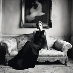 Close black and white fashion portrait of a sophisticated woman in a modern, short, low-cut black dress by John Galliano