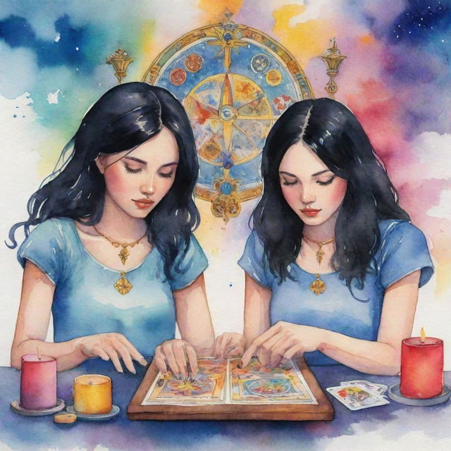 Animated watercolor painting of two girls with black hair, deeply involved in reading tarot cards, with splashes of vivid colors and mystical symbols surrounding them