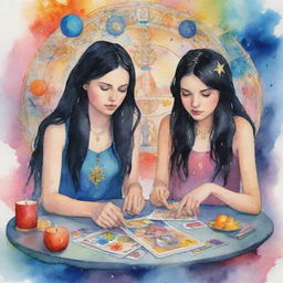 Animated watercolor painting of two girls with black hair, deeply involved in reading tarot cards, with splashes of vivid colors and mystical symbols surrounding them