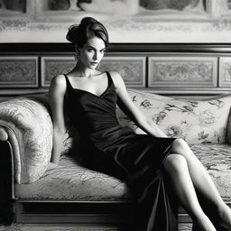 Close black and white fashion portrait of a sophisticated woman in a modern, short, low-cut black dress by John Galliano, styled by Mario Testino