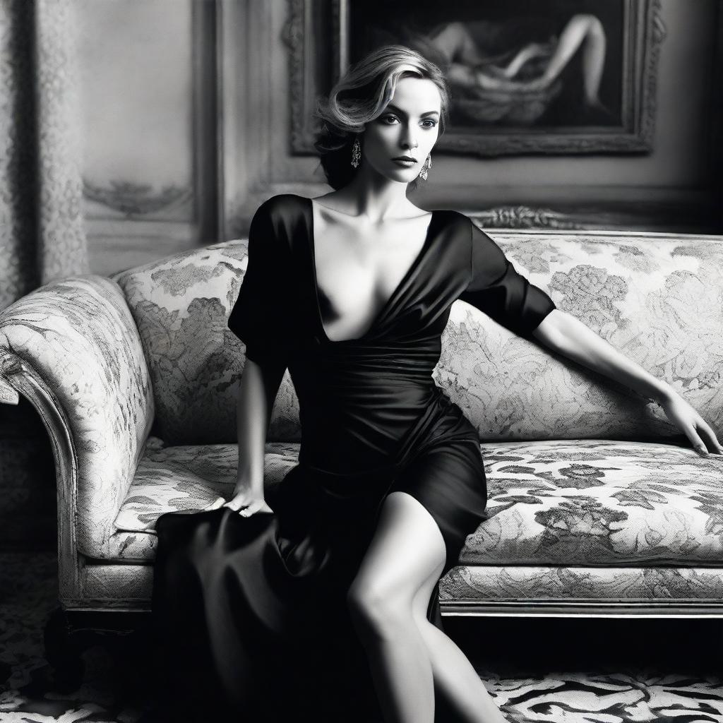 Close black and white fashion portrait of a sophisticated woman in a modern, short, low-cut black dress by John Galliano, styled by Mario Testino