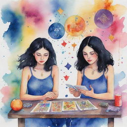 Animated watercolor painting of two girls with black hair, deeply involved in reading tarot cards, with splashes of vivid colors and mystical symbols surrounding them