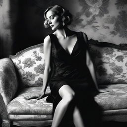 Close black and white fashion portrait of a sophisticated woman in a modern, short, low-cut black dress by John Galliano, styled by Mario Testino