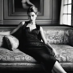 Close black and white fashion portrait of a sophisticated woman in a modern, short, low-cut black dress by John Galliano, styled by Mario Testino