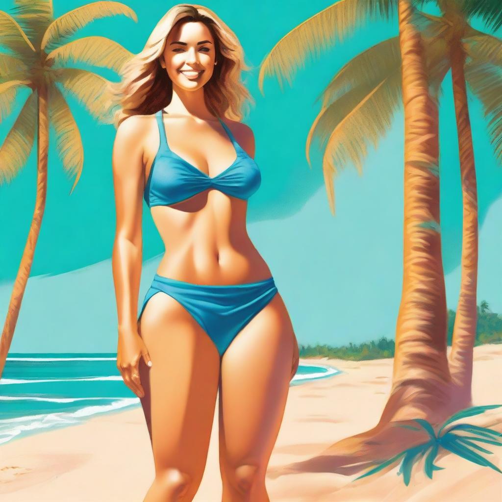 A woman with a curvaceous figure stands on a sunlit beach, wearing a stylish blue bikini that accentuates her ample chest