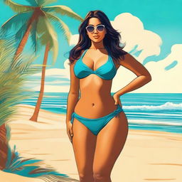 A woman with a curvaceous figure stands on a sunlit beach, wearing a stylish blue bikini that accentuates her ample chest