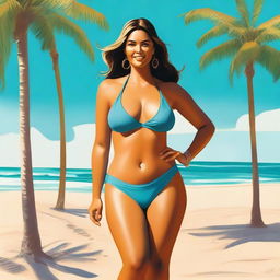 A woman with a curvaceous figure stands on a sunlit beach, wearing a stylish blue bikini that accentuates her ample chest