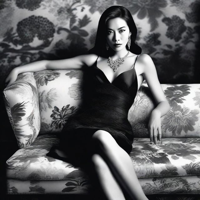 Close black and white fashion portrait of a sophisticated Asian woman in a modern, short, low-cut black dress by John Galliano, styled by Mario Testino