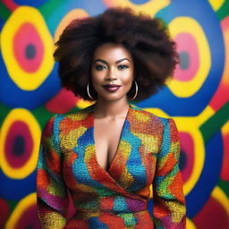 A beautiful and confident Black woman with natural hair, wearing stylish clothing, standing in a vibrant and colorful background