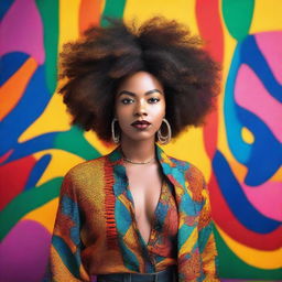 A beautiful and confident Black woman with natural hair, wearing stylish clothing, standing in a vibrant and colorful background