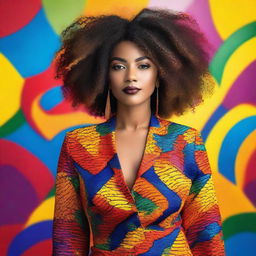 A beautiful and confident Black woman with natural hair, wearing stylish clothing, standing in a vibrant and colorful background