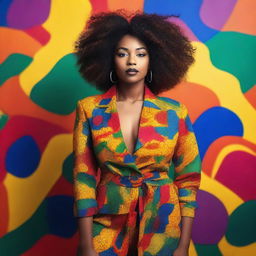 A beautiful and confident Black woman with natural hair, wearing stylish clothing, standing in a vibrant and colorful background