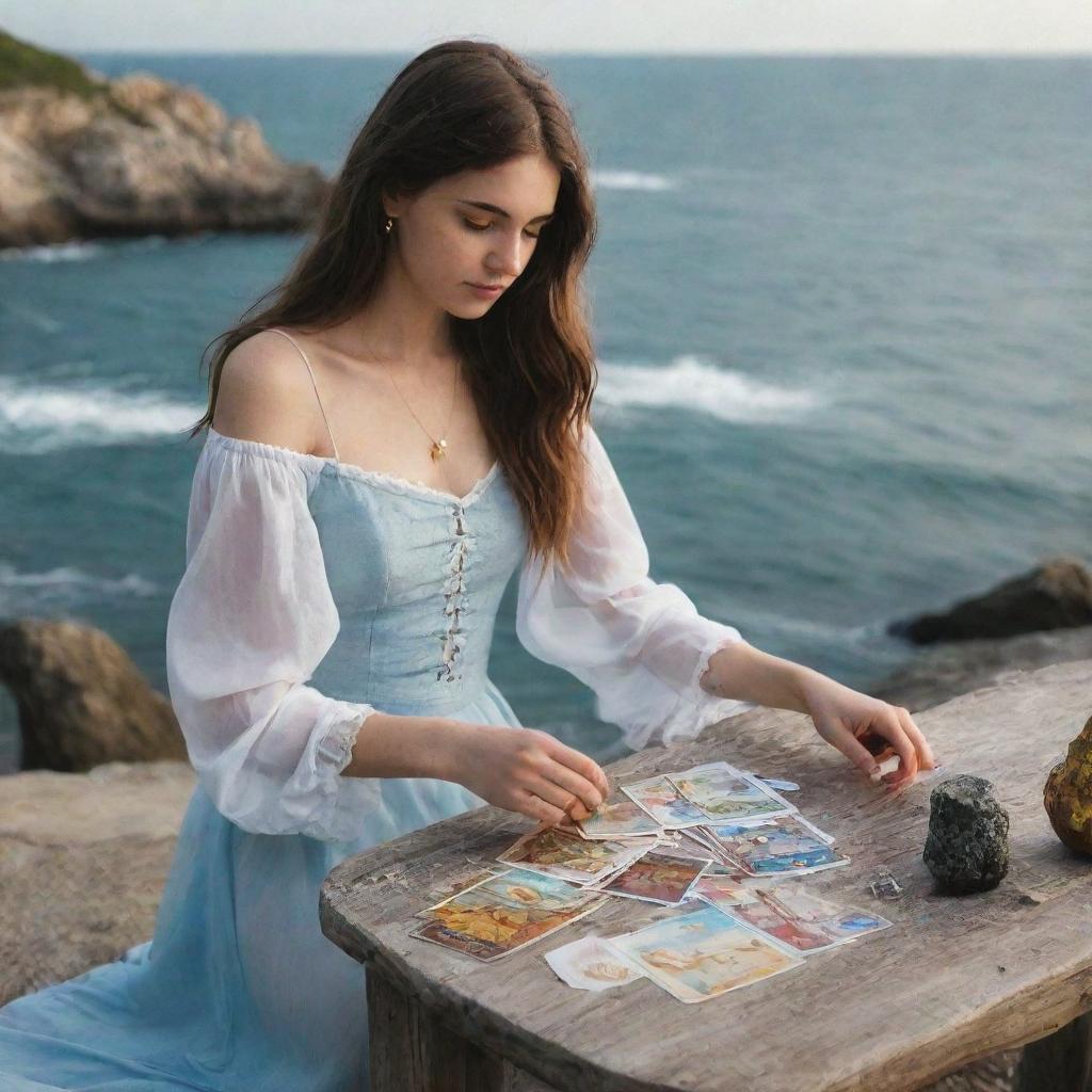 A mystical girl reading tarot cards by the sea