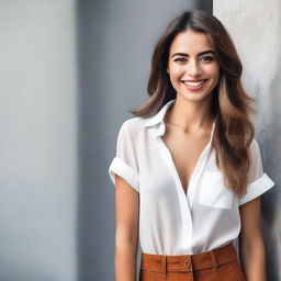 A stylish and attractive young woman posing confidently in a fashionable outfit