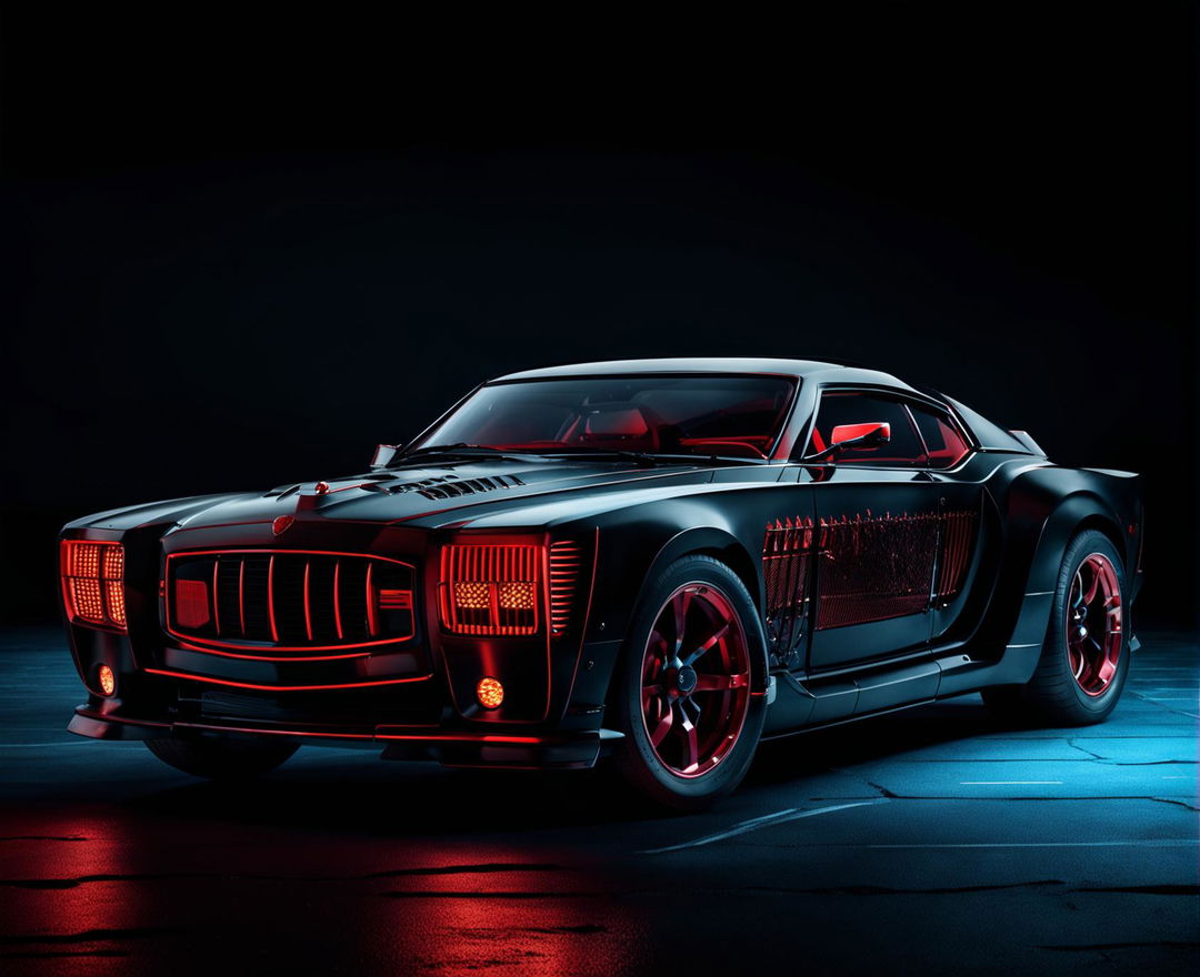 A car inspired by 'Count Muscula,' featuring a dark, gothic design with bold lines, a black and red color scheme, and luxurious interior elements