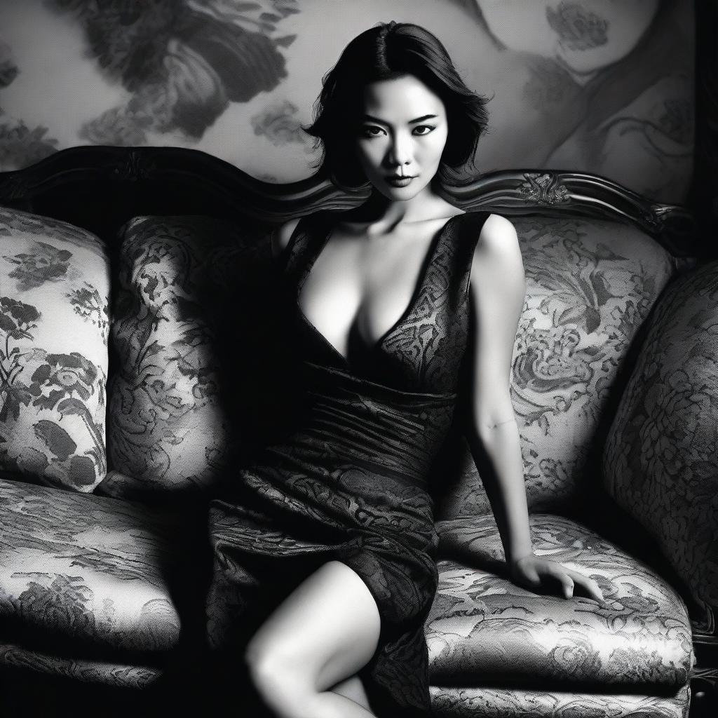 Close black and white fashion portrait of a sophisticated Asian woman in a modern, short, low-cut black dress by John Galliano, styled by Mario Testino