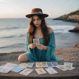 A mystical girl reading tarot cards by the sea