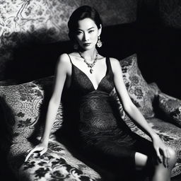 Close black and white fashion portrait of a sophisticated Asian woman in a modern, short, low-cut black dress by John Galliano, styled by Mario Testino