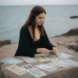 A mystical girl reading tarot cards by the sea