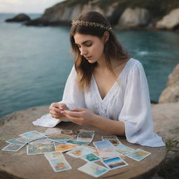 A mystical girl reading tarot cards by the sea