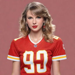 Illustration of Taylor Swift wearing a Kansas City Chiefs jersey.