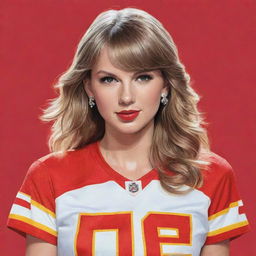 Illustration of Taylor Swift wearing a Kansas City Chiefs jersey.