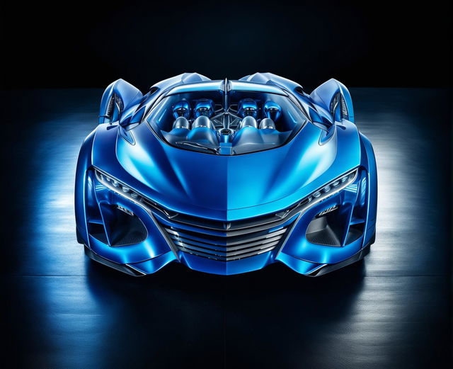 The 'Turbine Sublime' car features a turbine engine, sleek aerodynamic design, metallic blue exterior, and a luxurious high-tech interior, combining elegance and power