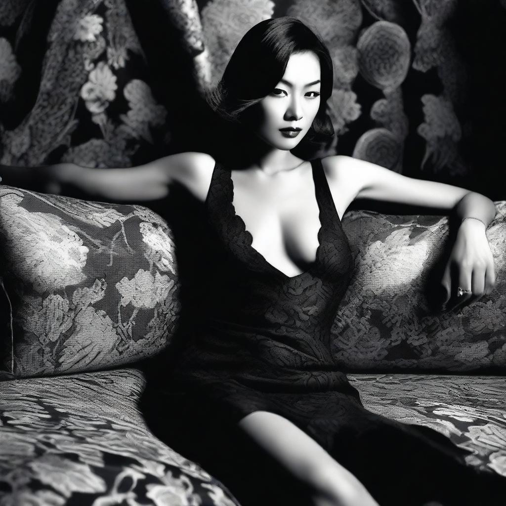 Close black and white fashion portrait of a sophisticated Asian woman in a modern, short, low-cut black dress by John Galliano, styled by Mario Testino