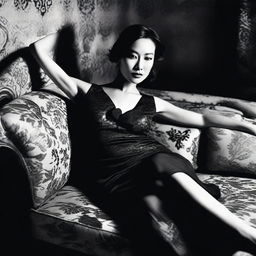 Close black and white fashion portrait of a sophisticated Asian woman in a modern, short, low-cut black dress by John Galliano, styled by Mario Testino