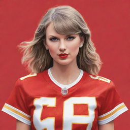 Illustration of Taylor Swift wearing a Kansas City Chiefs jersey.