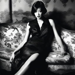 Close black and white fashion portrait of a sophisticated Asian woman in a modern, short, low-cut black dress by John Galliano, styled by Mario Testino