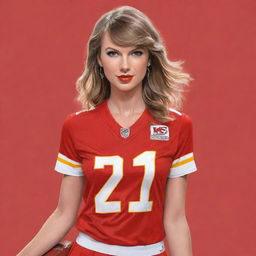 Illustration of Taylor Swift wearing a Kansas City Chiefs jersey.