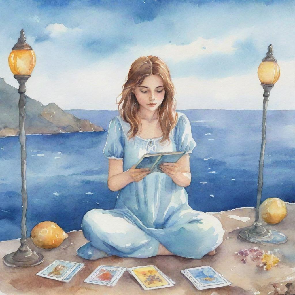 Animated watercolor style illustration of a girl reading tarot cards with a sea backdrop