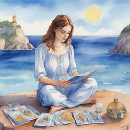 Animated watercolor style illustration of a girl reading tarot cards with a sea backdrop