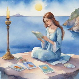 Animated watercolor style illustration of a girl reading tarot cards with a sea backdrop