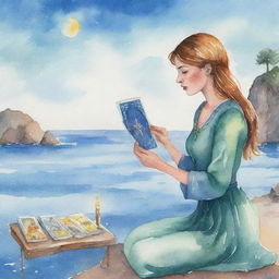 Animated watercolor style illustration of a girl reading tarot cards with a sea backdrop