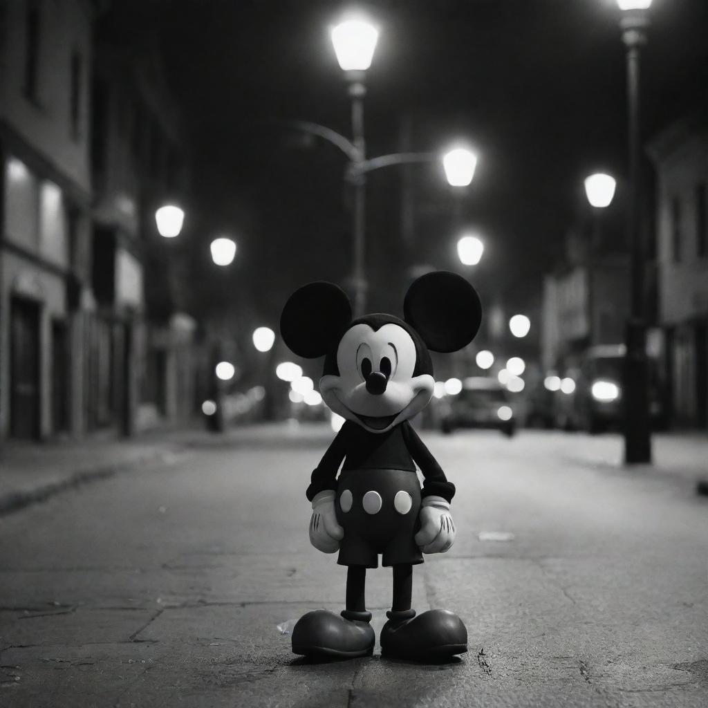 A melancholic Mickey Mouse with droopy ears, downcast eyes, walking alone on a city street, steped in monochrome, under soft streetlights.